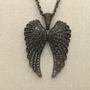 Large Angel Wings Gunmetal & Rhinestones Necklace